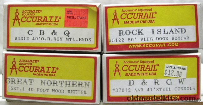 Accurail 1/87 Kit Number 5122 50 Foot Plug Door Box Car Rock Island / 37012 ARR 41 Foot Steel Gondola D & RGW / 1582.1 40 Foot Wood Reefer Great Northern / 4312 40 Foot OB Box Metal Ends CB & Q plastic model kit